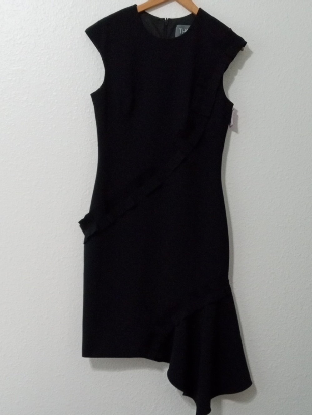 Theia Classic Black Asymmetric Ruffle Dress